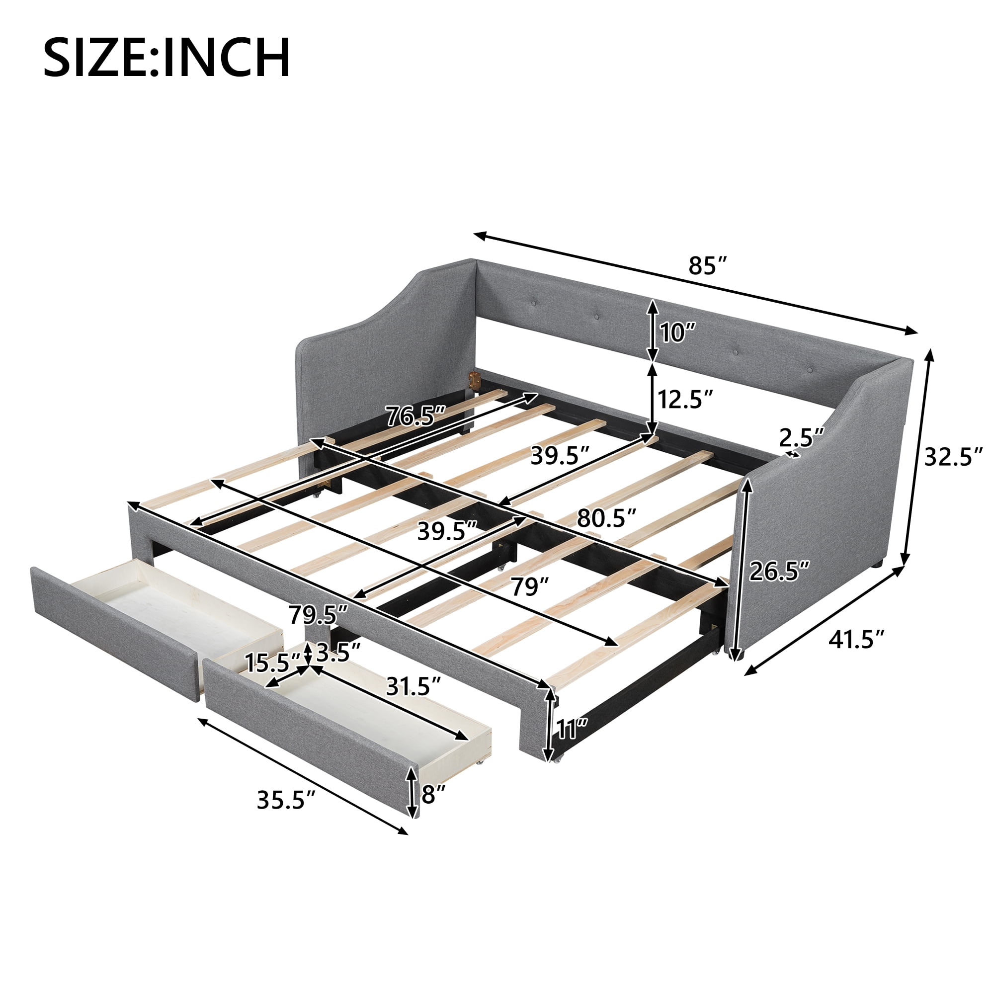 Euroco Upholstered Twin XL to King Size Daybed with 2 Drawers, Gray