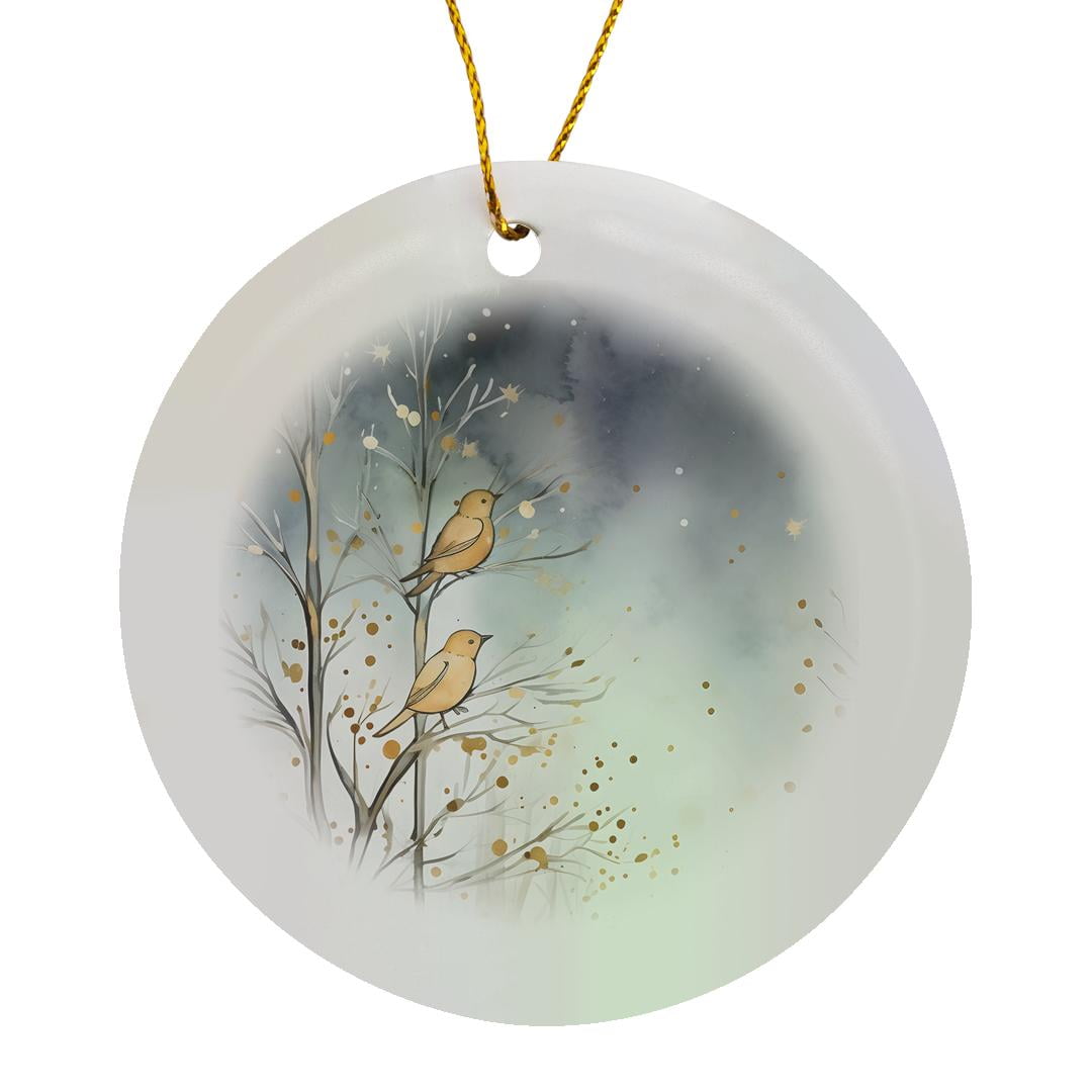 3drose, Sweet Pair of Winter Birds in a Golden Hues with Winter Blues, Circle Porcelain Ornament
