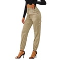 thumbnail image 1 of Pantalones cargo de satén sedoso de tiro alto elástico con cordón para mujer Caqui XL, 1 of 6