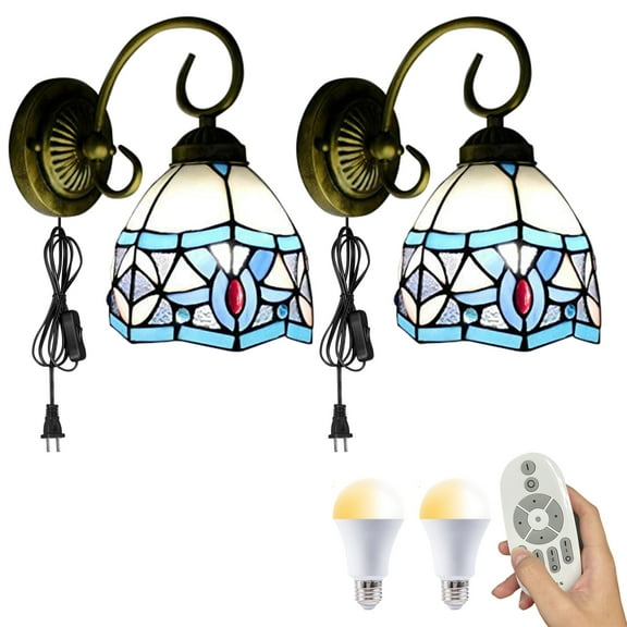Kiven Plug in Wall Lamp Tiffany Style Dimmable Wall Sconce with Remote Control and Glass Shade, Color Changing, 5.9ft Plug-in Cord, E26 Socket(Set of 2)