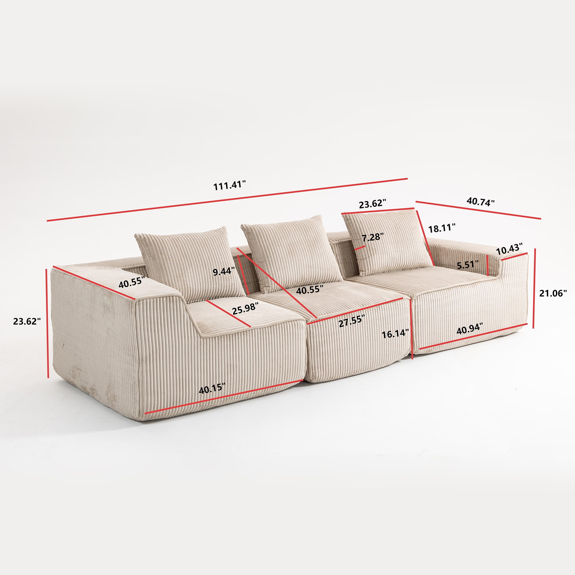 Demi Bonn 111" Modular Sectional Sofa Couchesk, Corduroy 3 Seat Couch Memory Foam Couches for Living Room, Cloud Couch, Beige