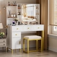 thumbnail image 6 of PAKASEPT Makeup Vanity with Lights,White Vanity Desk with Openable Mirror & 3-Color Dimmable, Charging Station, Makeup Desk with Drawer, Hooks, Hidden and Open Storage Shelves, Stool Set, 6 of 8