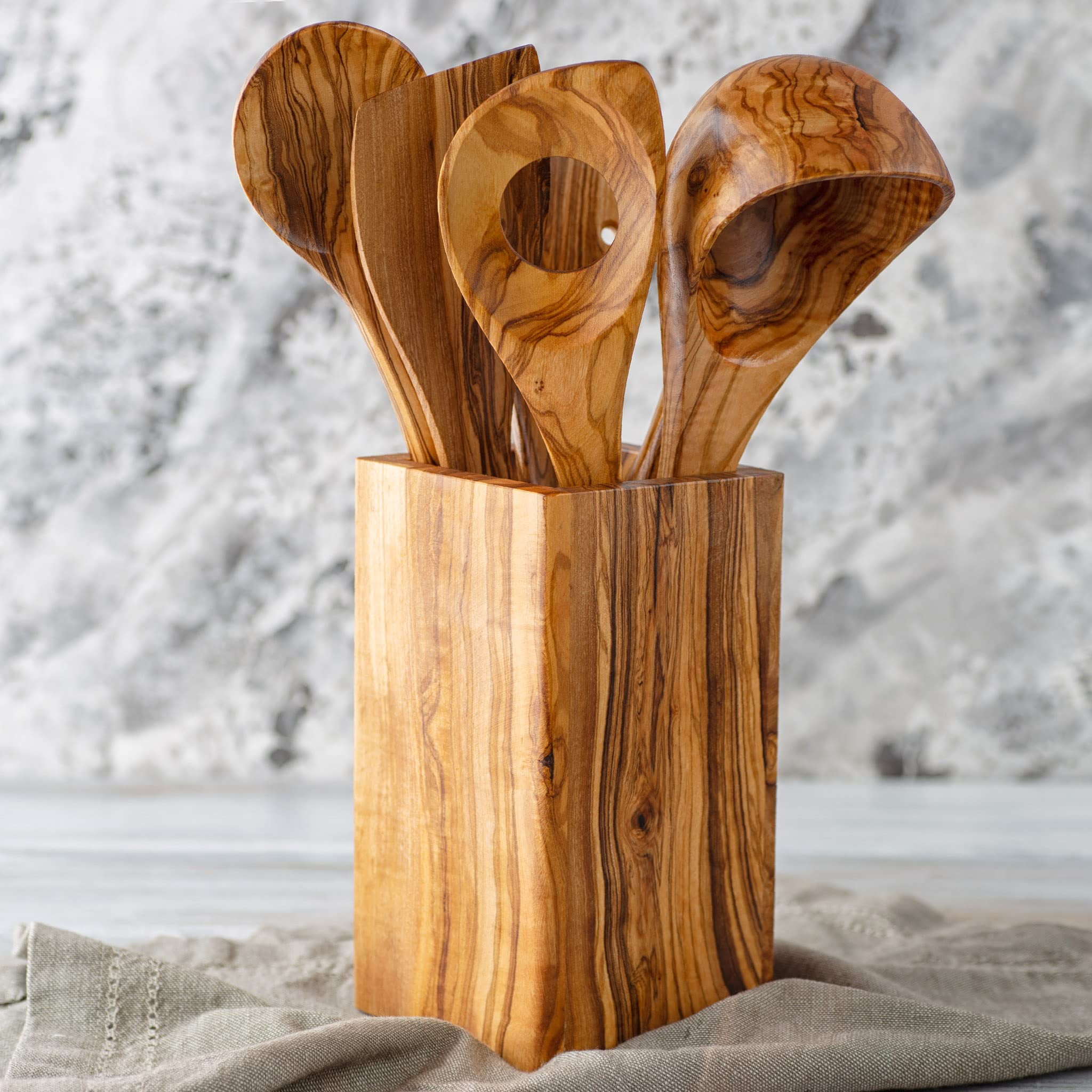 Olive Wood Utensil Holder with 4 Utensils - Set of 5