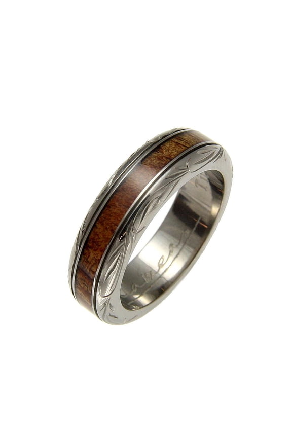 Genuine inlay Hawaiian koa wood wedding band ring titanium scroll 6mm size 3-14