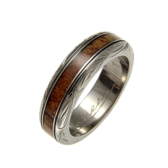 Genuine inlay Hawaiian koa wood wedding band ring titanium scroll 6mm size 3-14