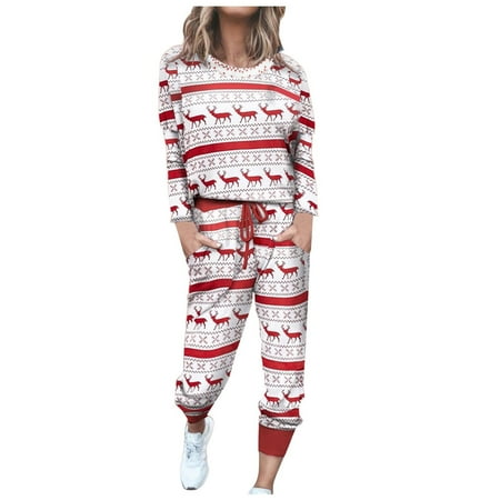 

Womens Soft Christmas Pajamas Cute Elk Reindeer 2 Piece Print Pjs Sets Matching Loungewear Outfits for Holiday