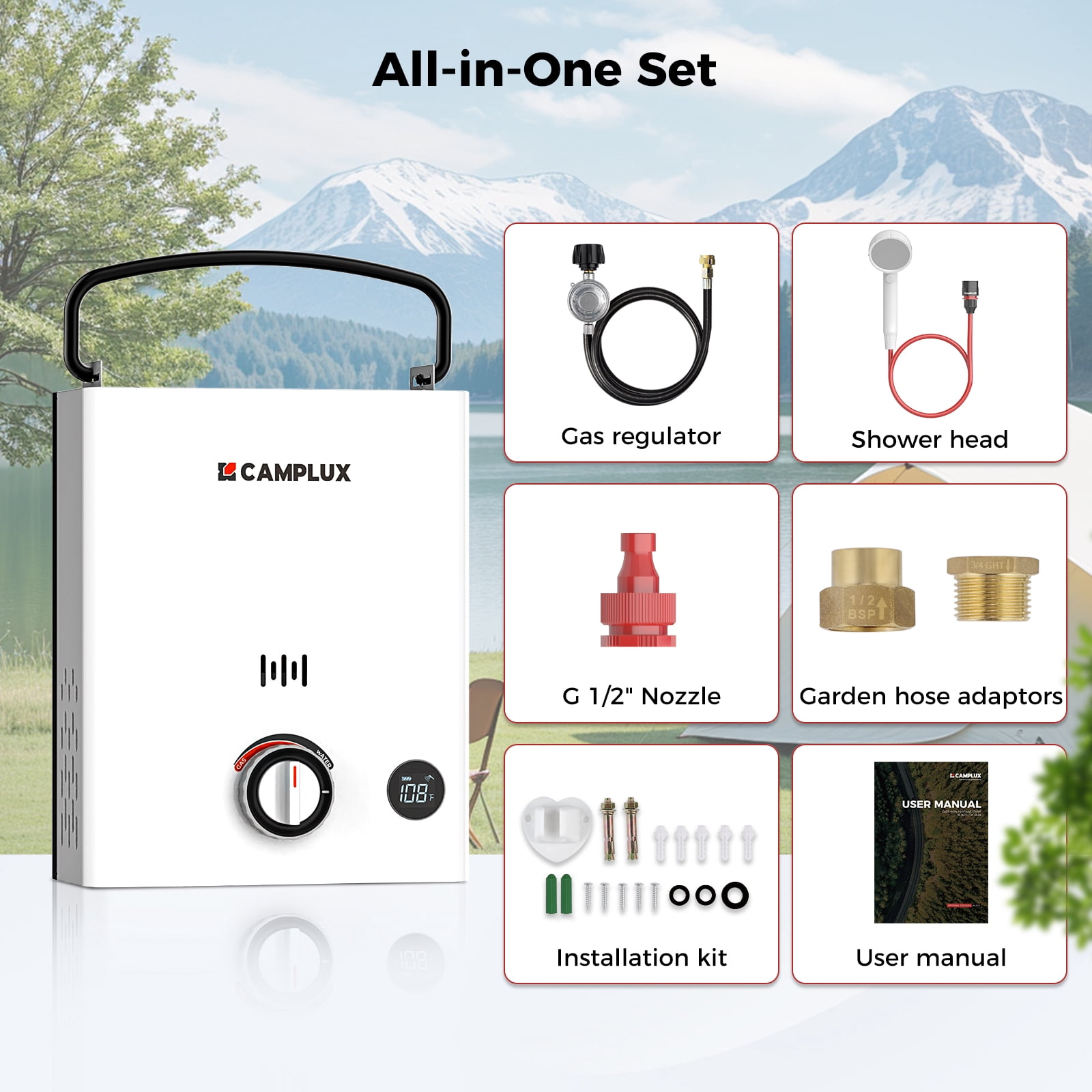CAMPLUX First F5 Portable 1.32 GPM, 34,000 BTU Outdoor Propane Water Heater, Tankless Camping Water Heater with LCD Digital Display