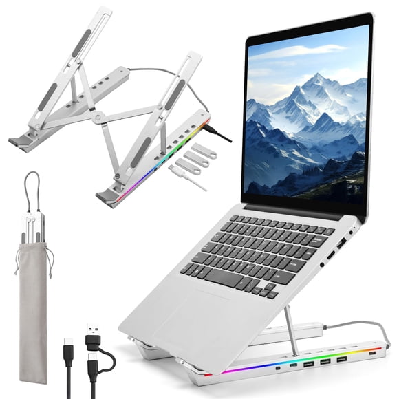 Support pour Ordinateur Portable avec Lumières USB Type‐C et RVB, Support d'Ordinateur Portable en Aluminium Réglable et Pliable pour Bureau, Support Surélevé Ergonomique Portable Compatible