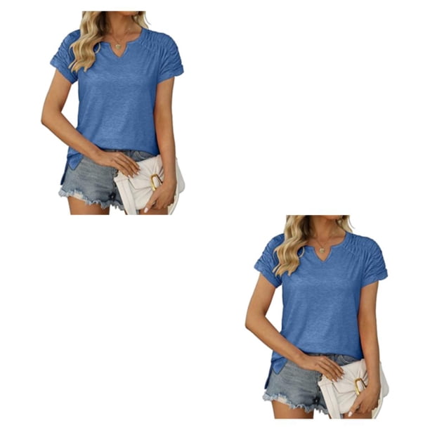 Sonducket Verano plisado manga corta Color sólido empalme cuello en V camiseta mujeres Tops camisas camisetas diarias trabajo vacaciones al aire Type11 NO11