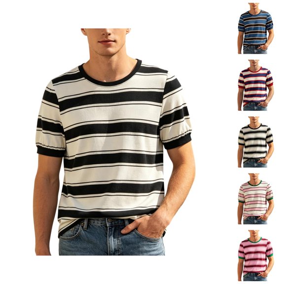 Striped T Shirts for Man Summer Short Sleeve Crewneck Relaxed Fit Color Block Casual Tee Shirt Streetwear