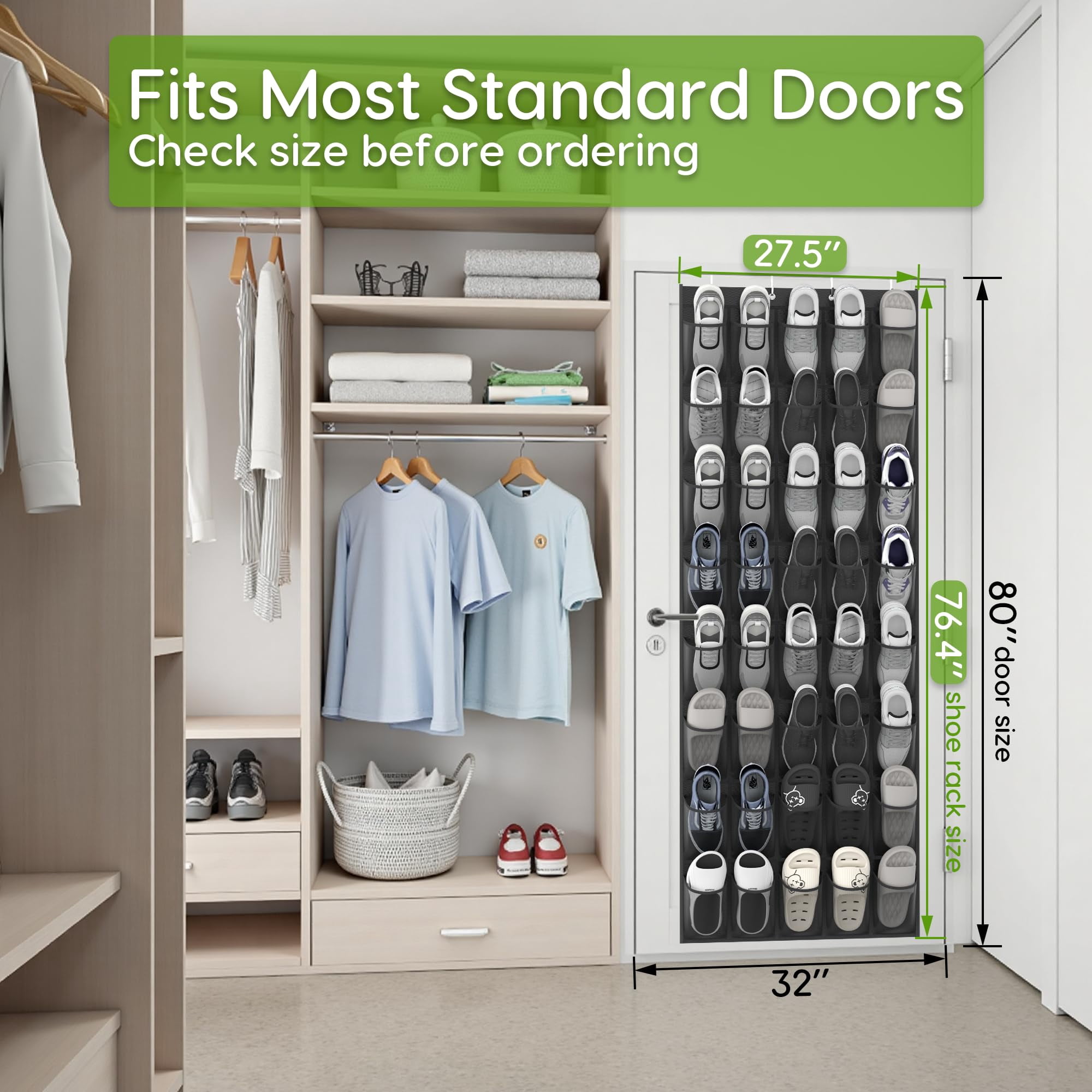 Over the Door Shoe Organizer with 40 Pockets, 18 Travel Shoe Bags & 1 Washing Bag, Hanging Shoe Rack with Breathable Mesh