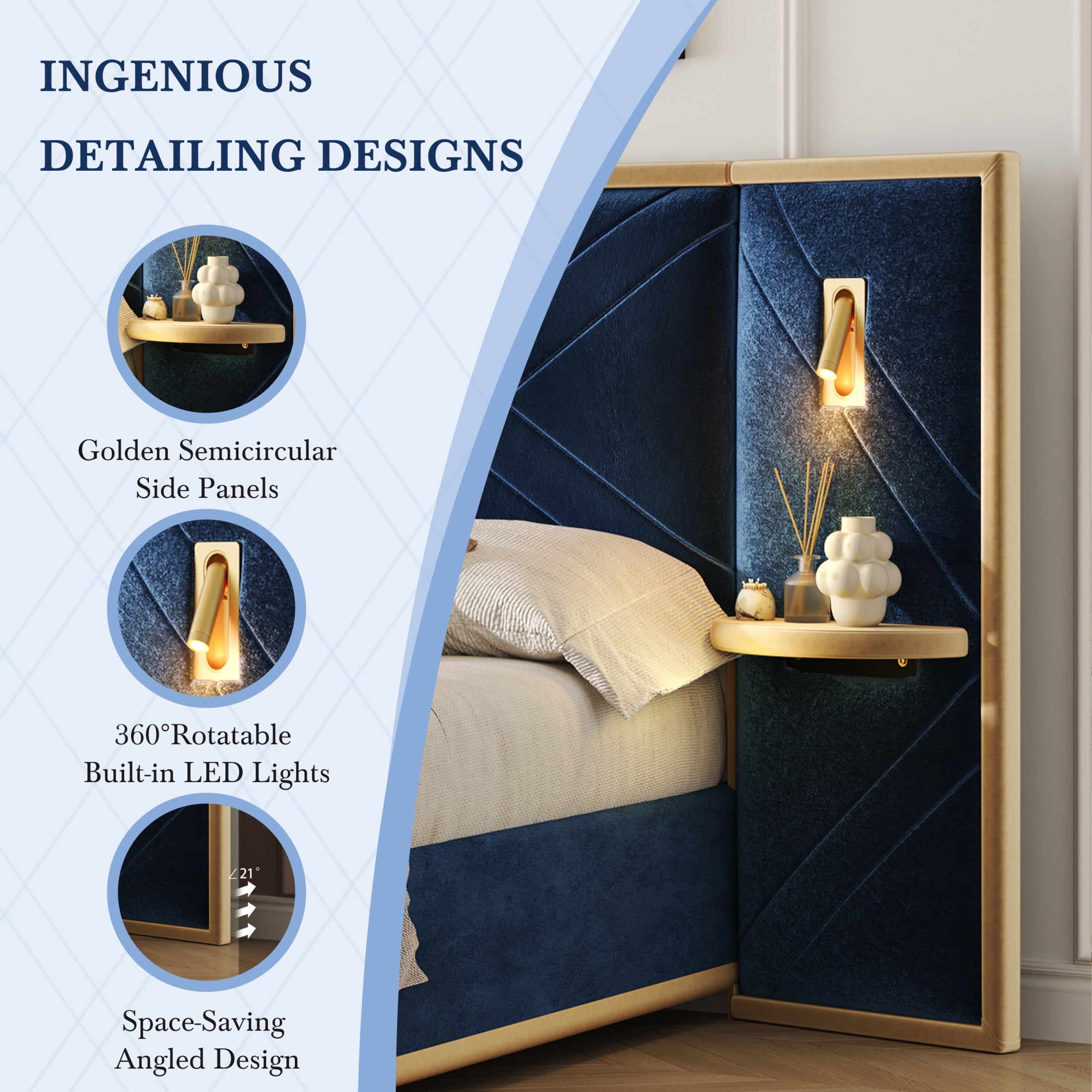 Christopher Knight Home Luxury Velvet Upholstered Queen Bed with Headboard, LED Lights, Storage Side Panels, Blue