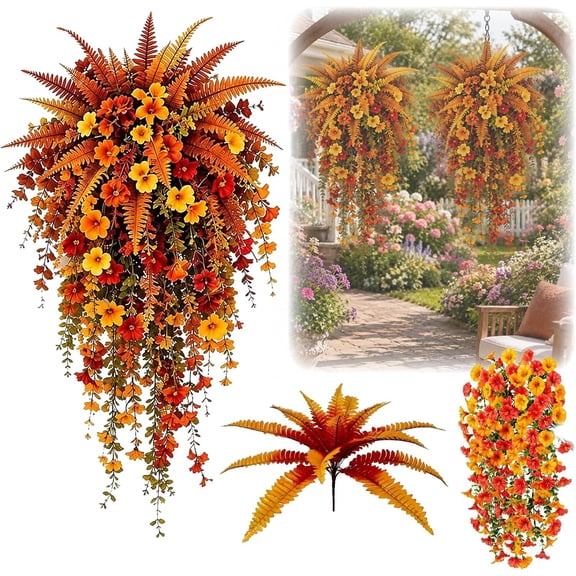 Artificial Fall Harvest Hanging Basket, Ready-to-Hang Full Layered Faux Fall Flowers with Realistic Cascading Greenery, UV-Resistant Outdoor Autumn Decoration for Porch, Garden,Orange-1pcs