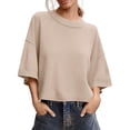 thumbnail image 2 of Short Sleeved Solid Color Women Casual Crewneck Knit Crop Sweater Tops, 2 of 5
