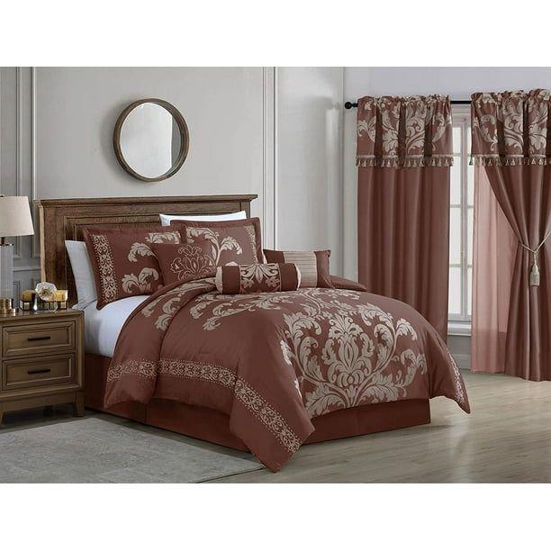 Chezmoi Collection Royal Luxury Jacquard Floral Comforter Set, California King, Woodrose/Gray, 7