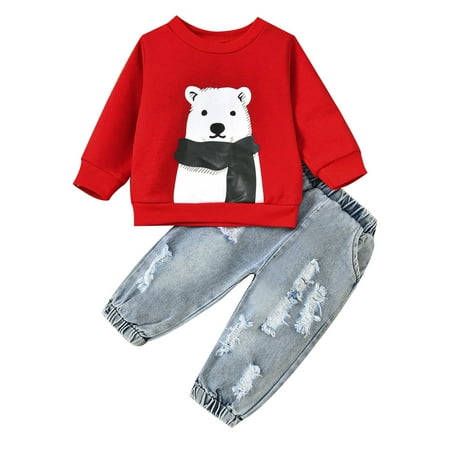

Toddler Baby Boys Girls Christmas Xmas Bear Printed Tops Sweatshirts+Denim Pants Outfits