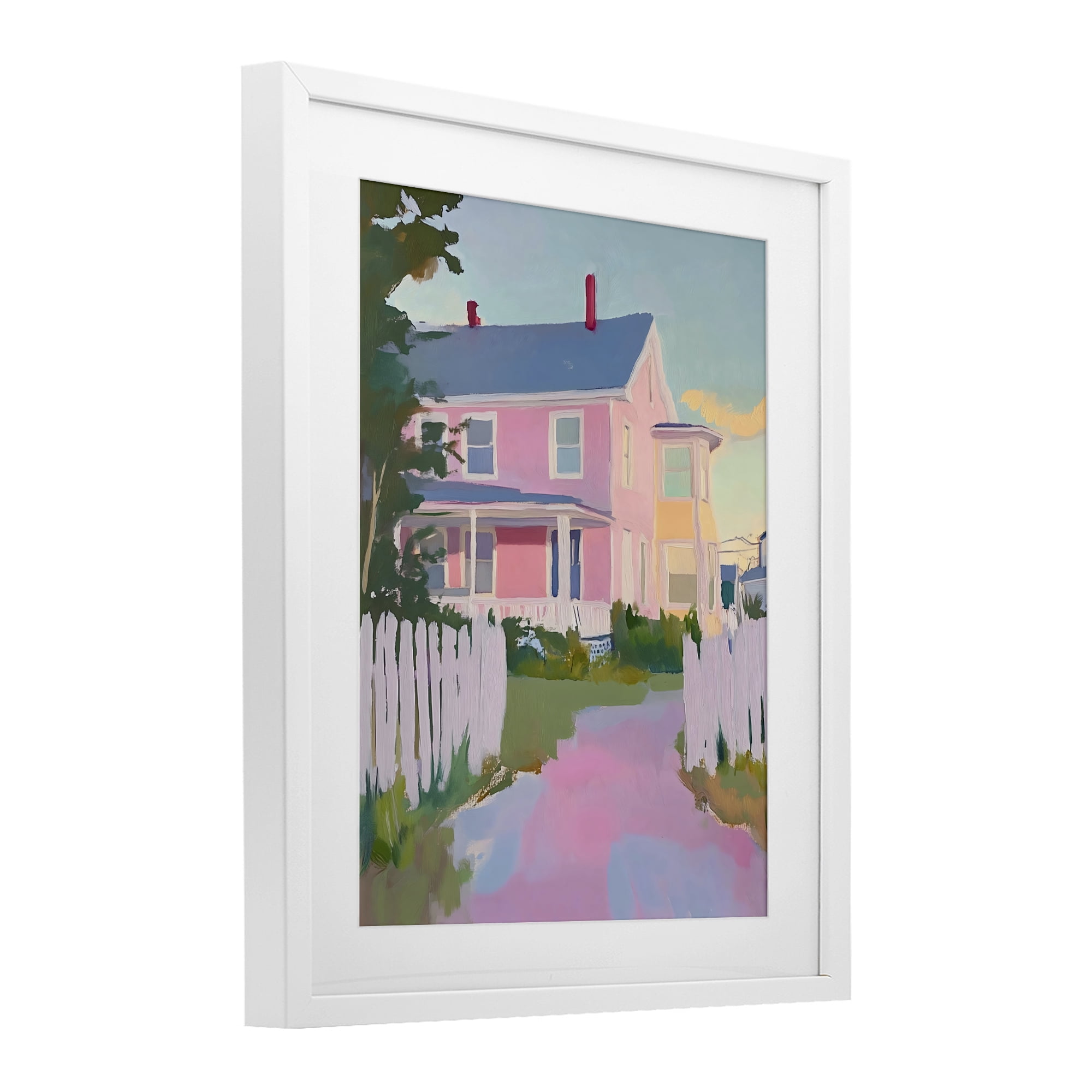 Stupell Industries Pastel Pink House with Fence White Framed Print Under Glass, design by The Prints Vibe