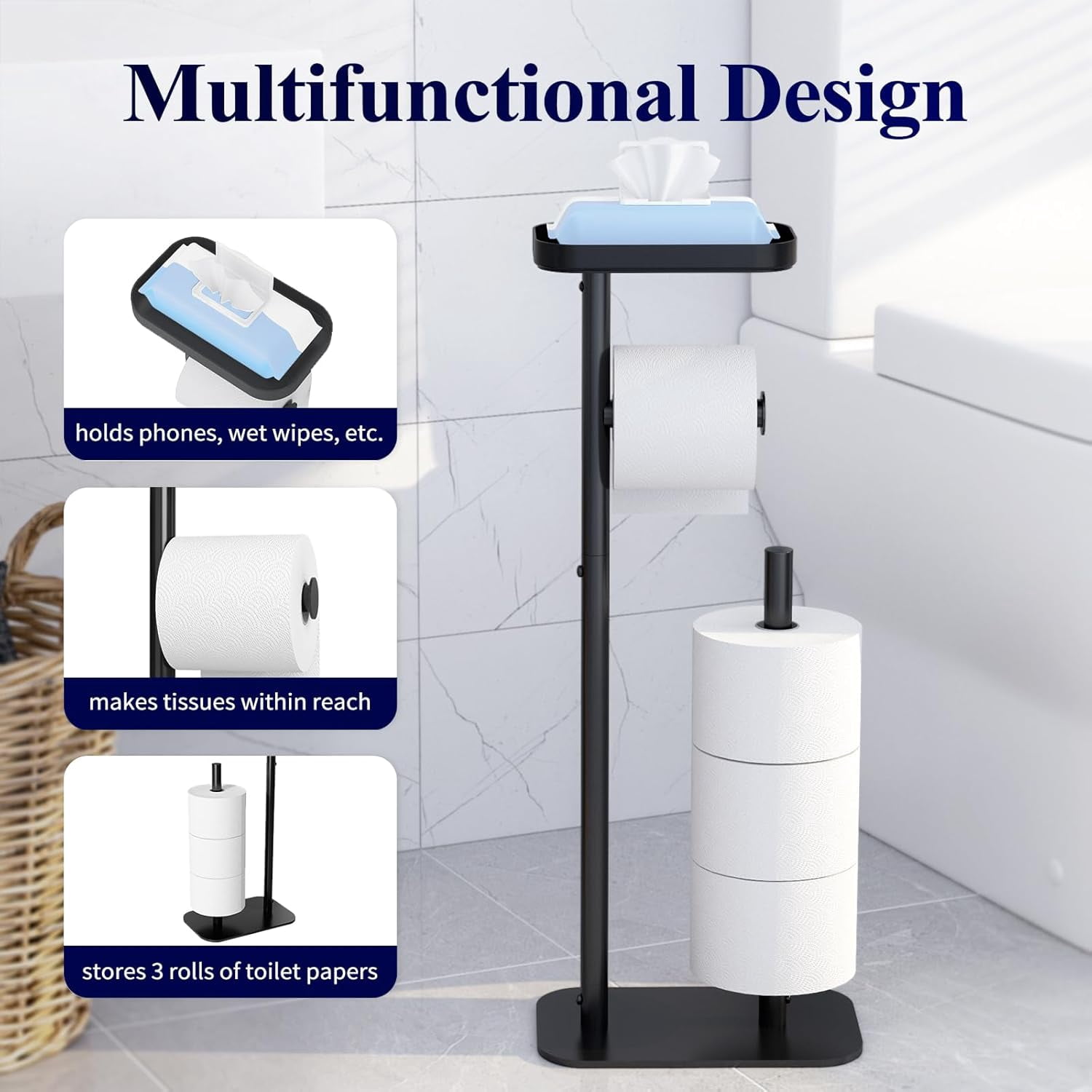 Toilet Paper Holder Free Standing – Rustproof Metal Toilet Paper Stand for 4 Rolls with Anti-Slip Base and Shelf for Phone & Small Items, Bathroom Organizers and Storage, Medium, Chrome Silver