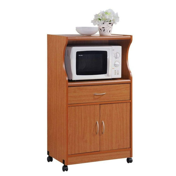 Hodedah Wheeled Kitchen Microwave Cart with Drawer and Cabinet Storage, Cherry