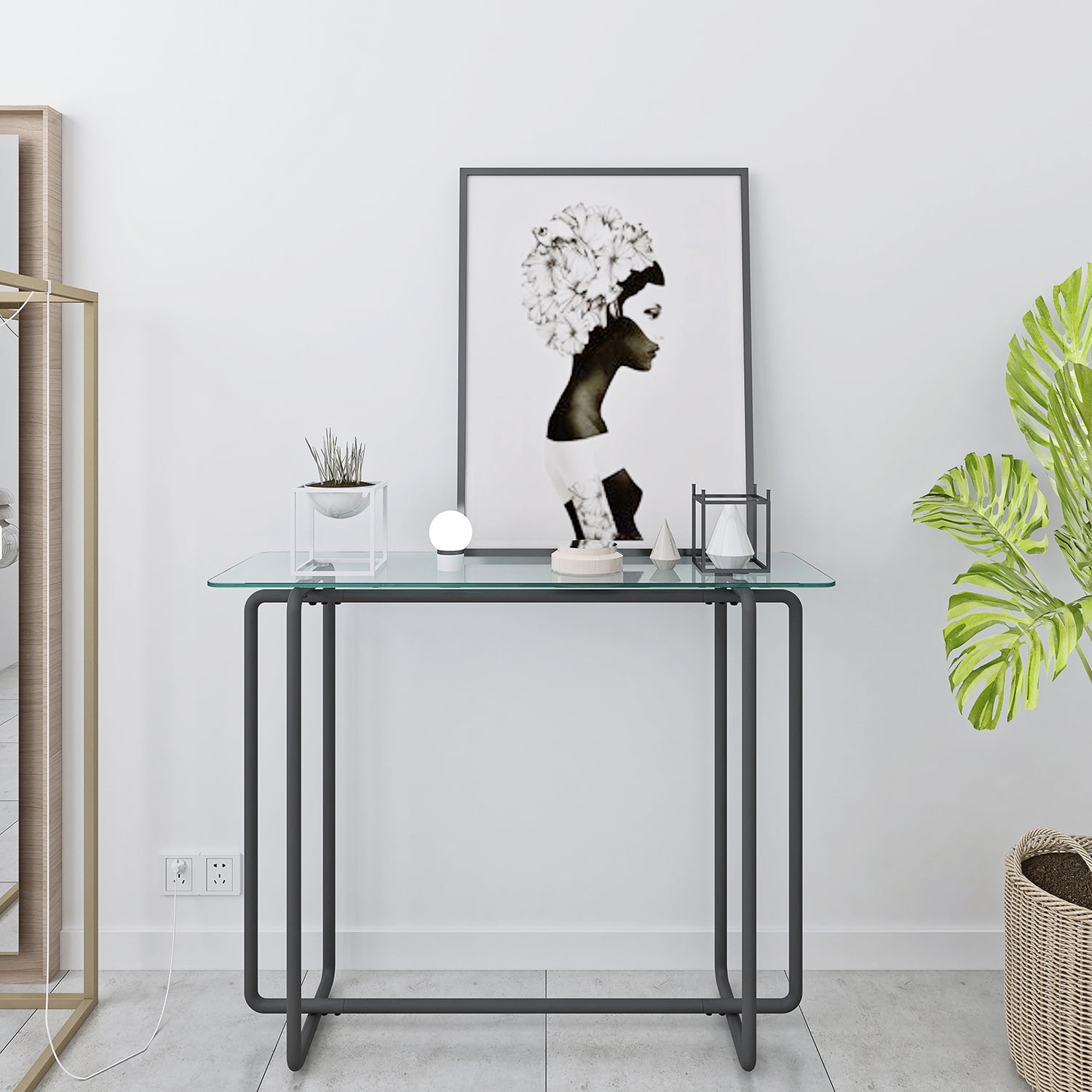Kadyn Console Glass Table, Black Leg Double Tempered Glass Tea Table, Entryway Console Sofa Table for Living Room, Transparent Kadyn Console Glass Table, Black Leg Double Tempered Glass Tea Table, Entryway Console Sofa Table for Living Room, Transparent
