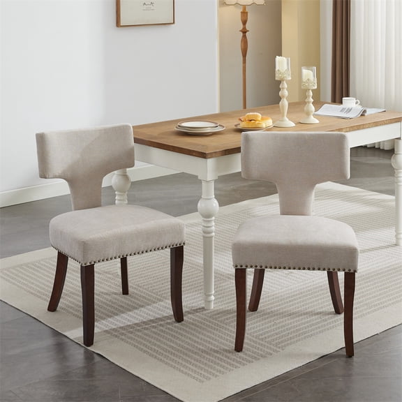 2Pcs Modern Dining Chairs Farmhouse Linen Fabric Upholstered Accent Chair with Curved Backrest Hardwood Frame Kitchen Side Chair