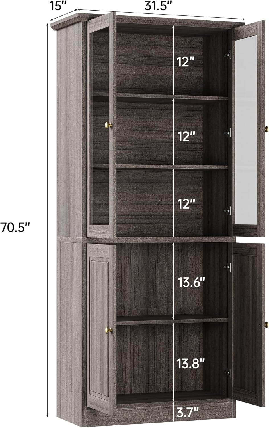SELOOYE Modern Pantry Cabinet, 71-inch Tall Glass Display with Wood Doors, Adjustable Shelves, Grey