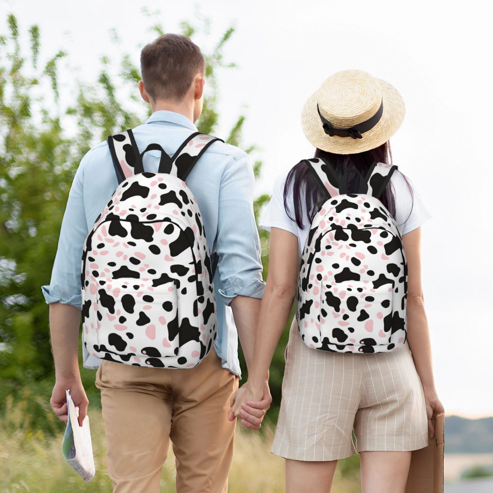 Casual Canvas Backpack Without Interlayer Large Capacity Stick Bag Design For Outdoor Shopping Office Outdoor Sports Simple Cow Print Pattern White Background, Pink And White_1 Medium