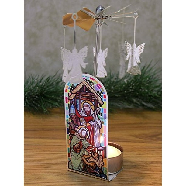 Spinning Angels Metal Candle Holder with Nativity Scene Silver ...