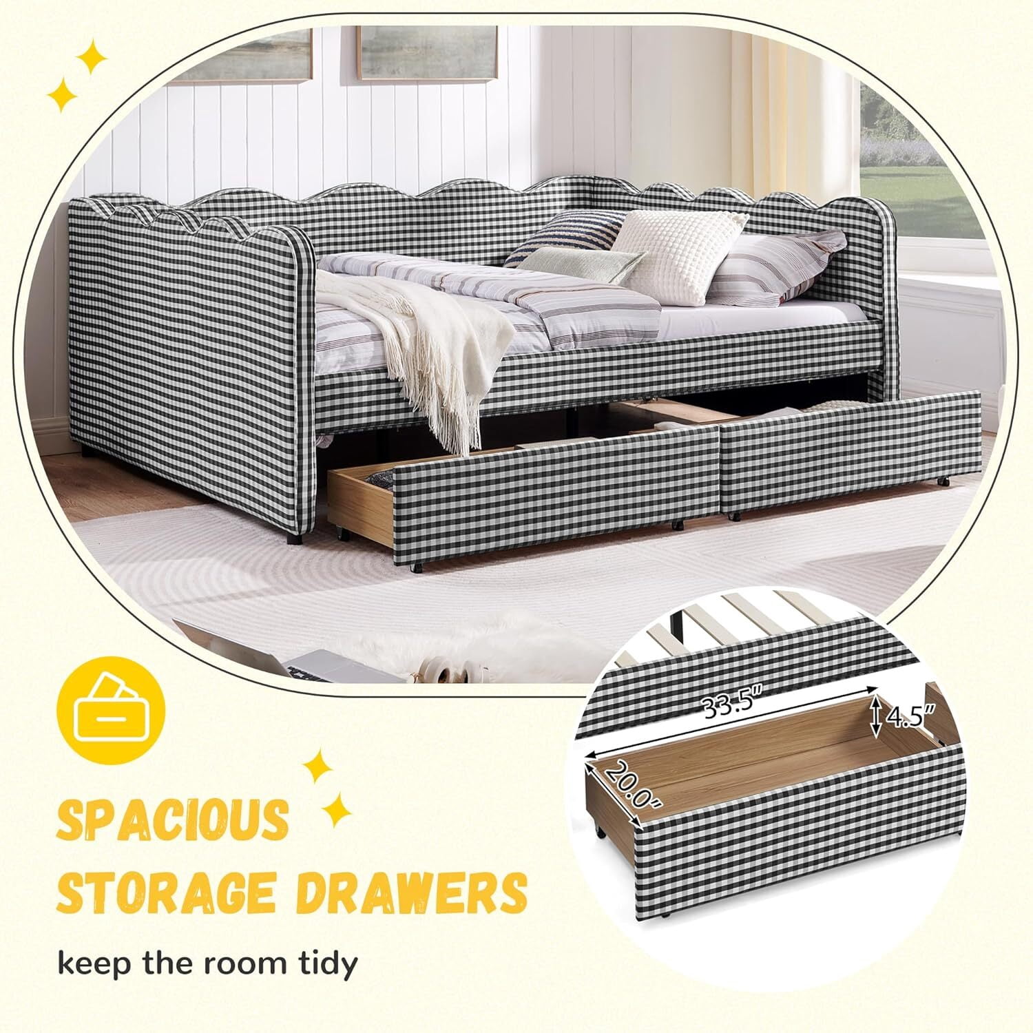 avobird Cozy Gingham Daybed with 2 Storage Drawers Queen Size Sofa Bed for Living Room, Sleeper Sofa with USB Port and Adorable Wave Shaped, Linen Fabric, Black