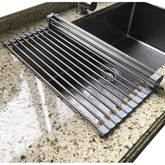 Roll Up Dish Drying Rack, Over The Sink Dish Drying Rack, Portable Stainless Steel Rolling Rack Multipurpose Kitchen Drainer Caddy Organizer Storage Shelf Holder, Gray