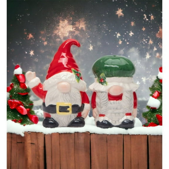 Ceramic Gnome Santa and Mrs Claus Salt and Pepper Shakers