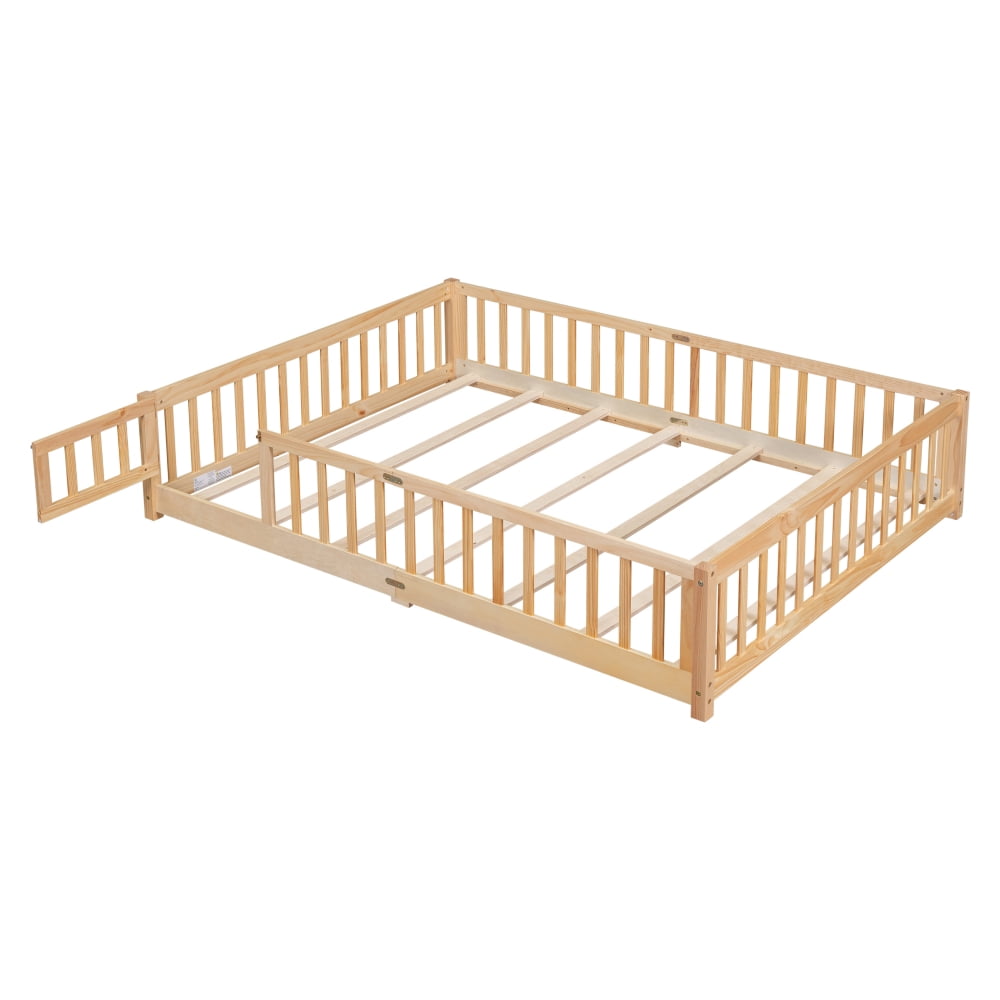 Queen Size Floor Platform Bed with Safety Fence Guardrails and Door, Durable Montessori Floor Bed with with Wood Slats, Floor Height Queen Bed Frame for Kids Boys Girls and Teens, Natural