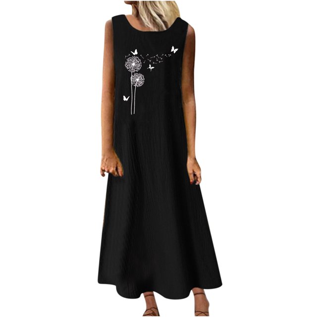 Birdeem Robes de Mode pour Femmes Été Décontracté Col Rond Sans Manches avec Poches Robe Longue de Plage