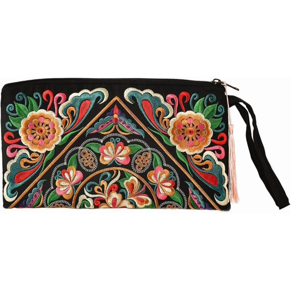 Floral Embroidered Boho Wristlet Women Girls Evening Clutch Bags Handbags Beach Bag With Lanyard