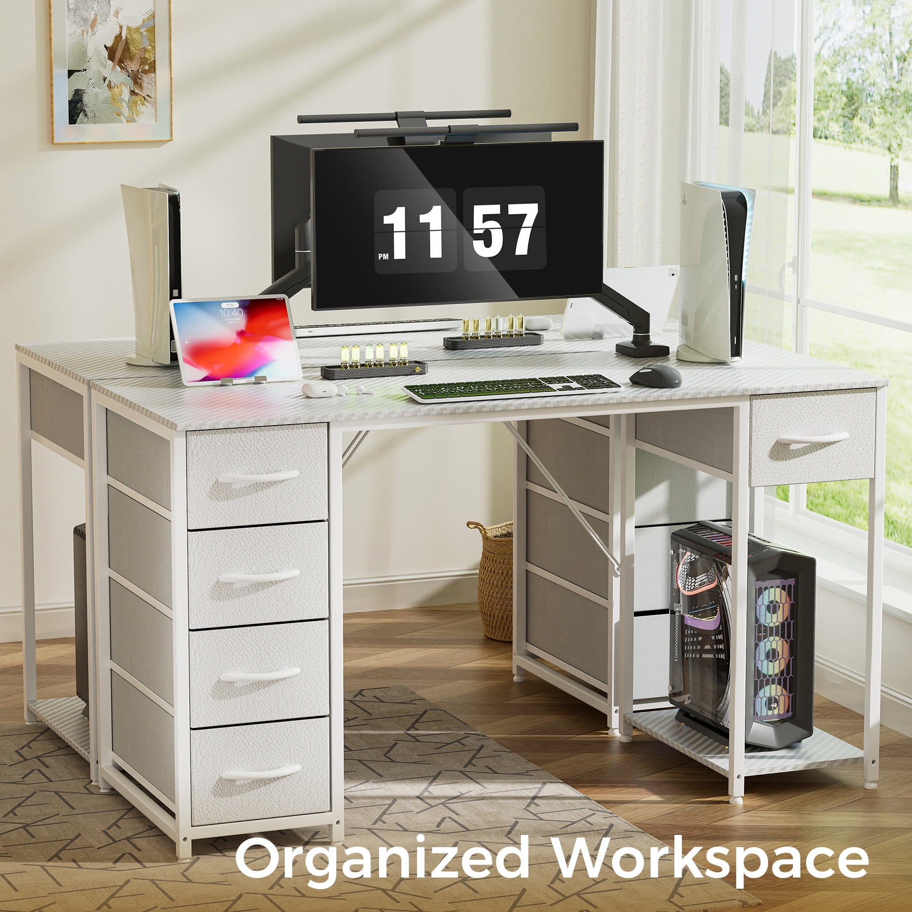 EXRACING 47 inch Carbon Fiber Gaming Computer Desk with 5 Fabric Drawers and Storage Organizers, White