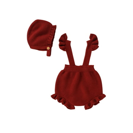 

Frobukio Infant Baby Girls Suspender Shorts with Hat Adjustable Straps Knitted Ruffle Overalls One Piece Jumpsuit Shorts Brick Red 0-3 Months