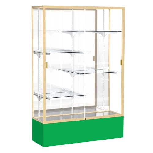 Waddell 374MB-GD-KG Spirit 48 x 72 x 16 in. Kelly Green Base Floor Display Case with 4 ft. Length, Mirror Back - Champagne Gold