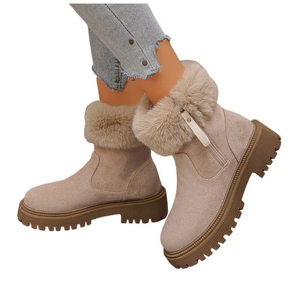 Women's Winter Boots Suede Plush Warm Lug Sole Zipper Ankle Snow Booties Casual Platform Round Toe Short Chelsea Boots White Size 9