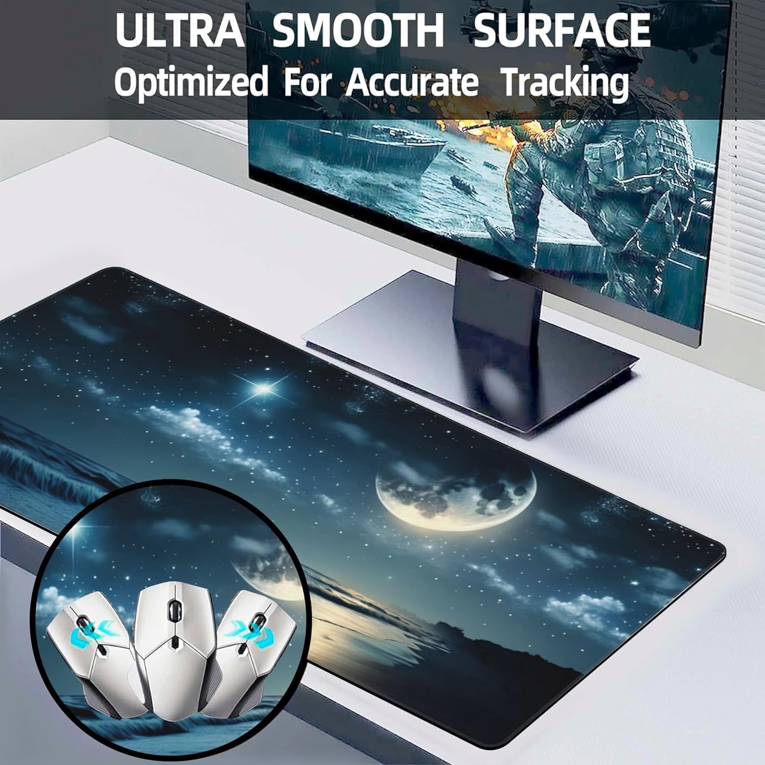 Desk Mat, Moon and Stars Above The Sea Extended Large Gaming Mouse Pad for Desk XXL, Non-Slip Rubber Base Stitched Edges Long Computer Keyboard Desk Pad Mouse Mat for Home Office Gaming 35.4"X15.7"