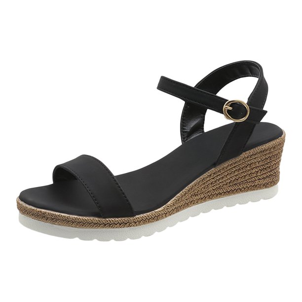 Bmisegm Ladies Summer Solid Colour Simple Thick Bottom High Heel Buckle Large Size Slope Heel Sandals Womens Sandals Summer Black 7.5
