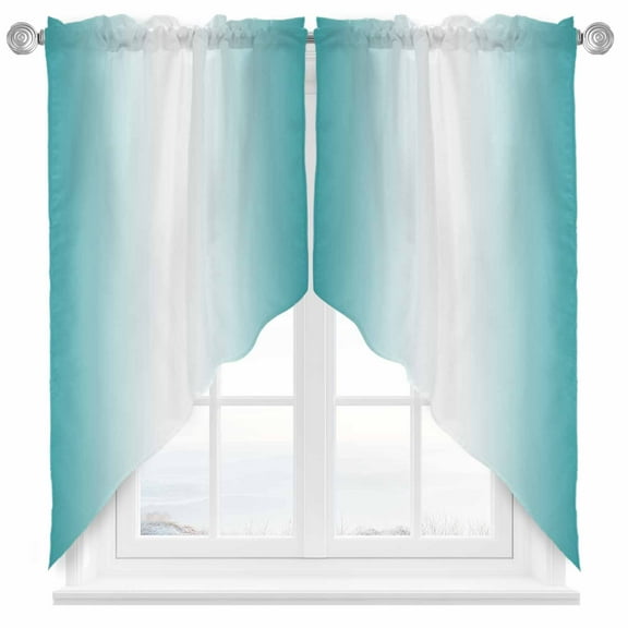 Teal and Swag Valances for Windows 2 Pack White Gradient Swag Kitchen Curtains 63 Inches Long Rod Pocket Short Window Treatment for Kitchen Bathroom 36"x63"