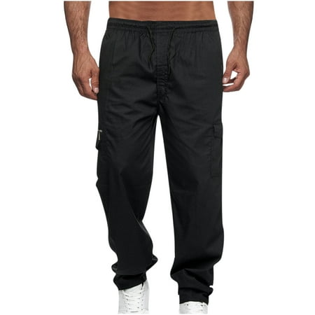 HKEJIAOI Men Solid Cargo Pants Casual Multiple Pockets Tether Closure ...