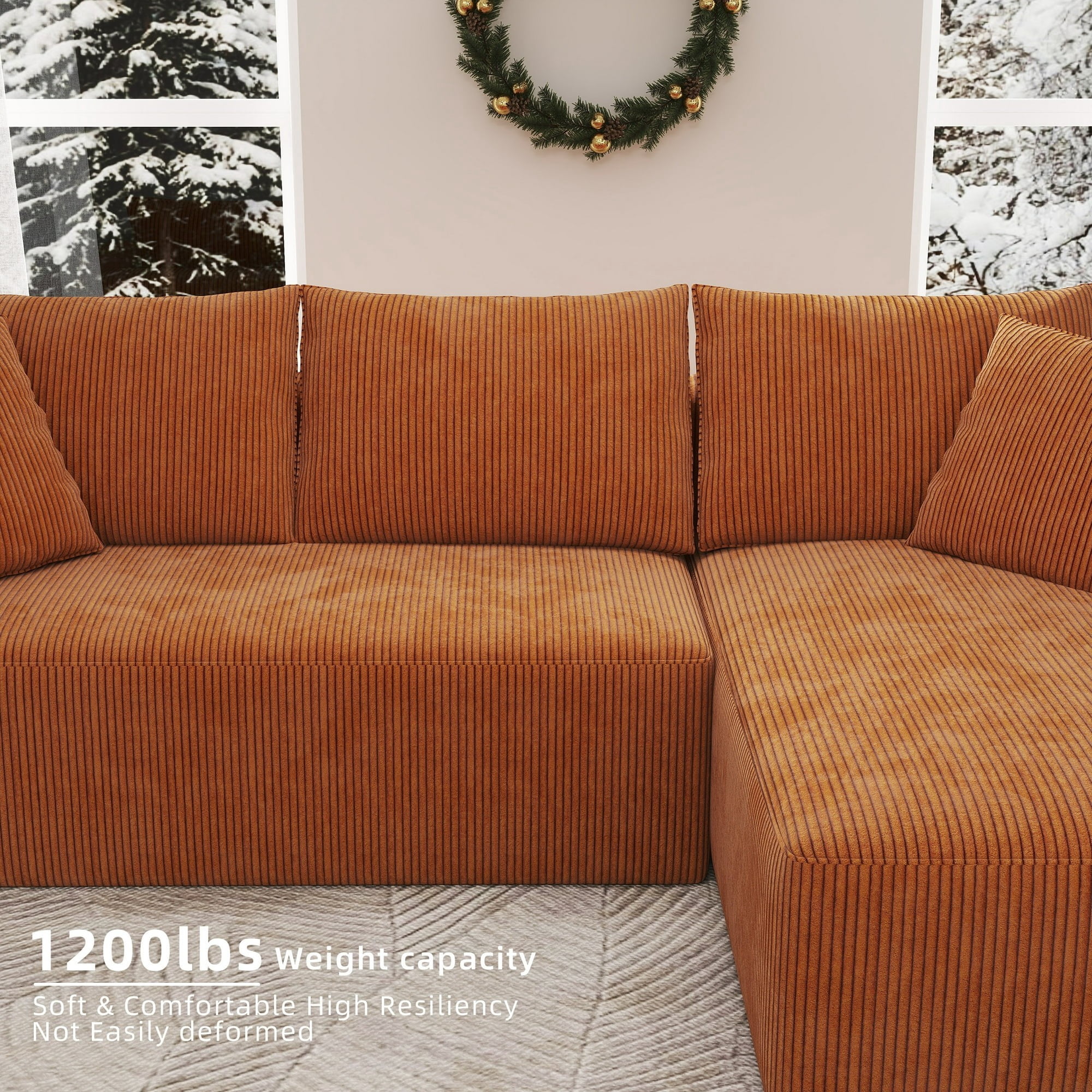 AENKYO 104 Modular L-Shaped Sectional Sofa with Chaise Lounge, Cloud Couch Deep Seat, Corduroy Upholstered Living Room Furniture, No Assembly Required, Orange