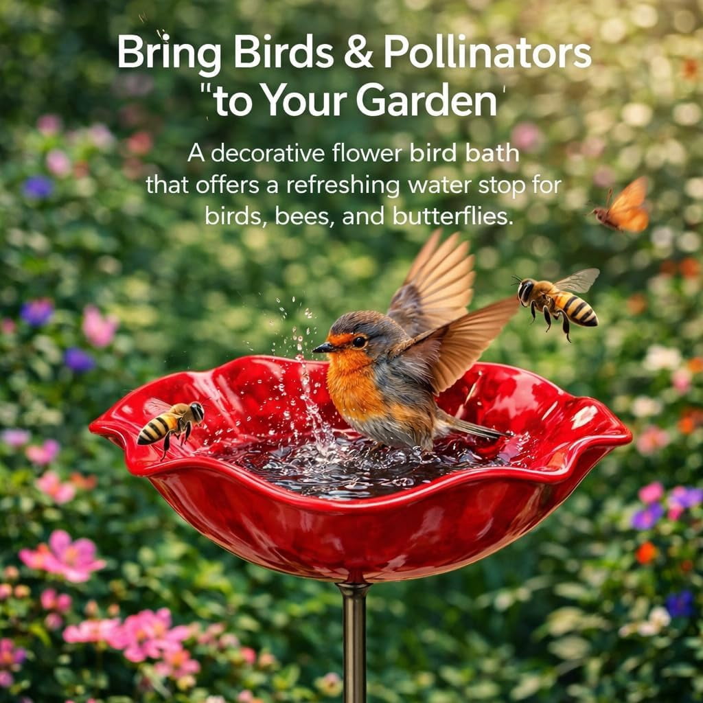 Handmade Metal Flower Garden Stake, with Bee Bath & Bird Water Bowl Decorative Outdoor Yard Art, Butterfly & Pollinator Watering Station, Weather-Resistant Decor Gift