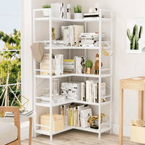 Reversible Corner Bookshelf 5 Tier with 4 Hooks, 65" Industrial Bookcases for Living Room, White