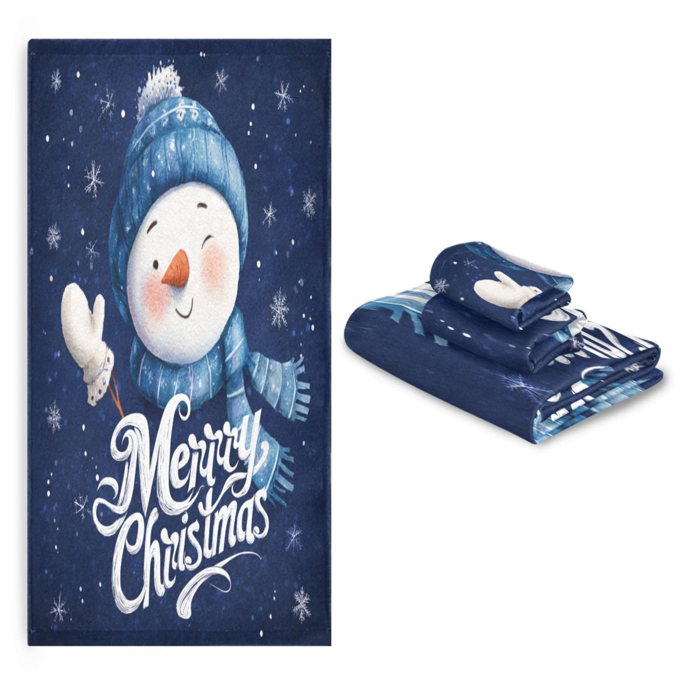 3 Piece Bath Towels Set Bath Towel, Hand Towel and Face Towel for Bathroom, Gym, Hotel Snowman Wearing Blue Scarf and Hat