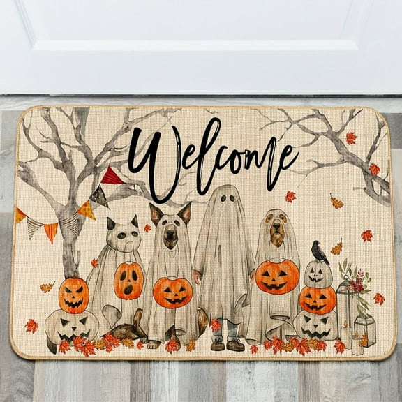 Muecwrye Halloween Doormat, Pumpkin Non Slip Outdoor Mat, Halloween Christmas Floor Mats Welcome Ghost Doormats, Stripe Front Porch Rugs for Indoor Layering Entryway Decor