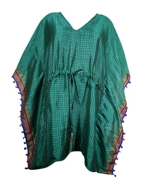 Mogul Women's Kaftan Dress V-Neck Printed Sari Kimono Top Short Caftan Resort Wear Beach Cover Up XL