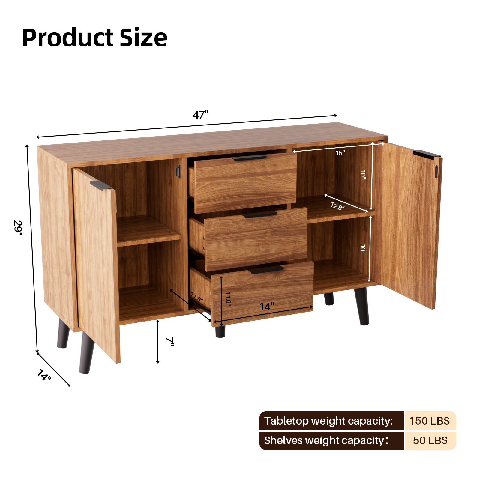 Msutree Buffet Sideboard Cabinet with Storage, Mid-Century Storage Cabinet with 3 Drawers and 2 Doors, Kitchen Pantry Cabinet, Freestanding Accent Storage Cabinet for Living Room, Entryway