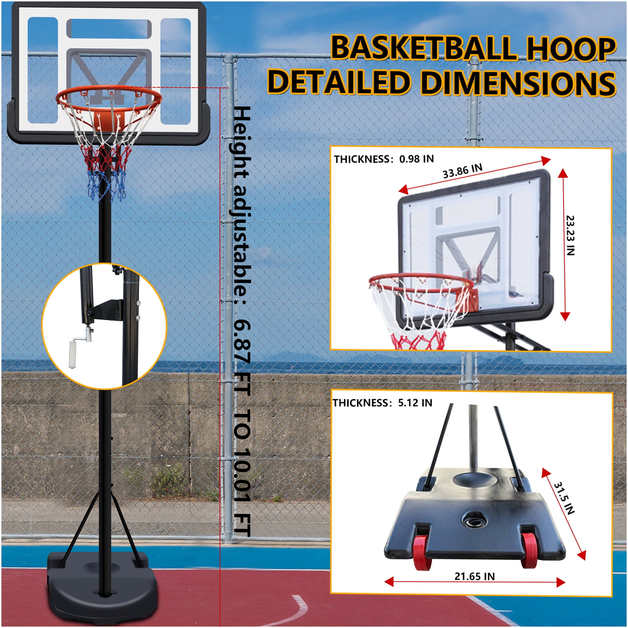 JERFIT Adjustable Height Portable Basketball Hoop for Kids & Adults, 34" Shatterproof Backboard with Wheels, Indoor Outdoor Basketball Goal with Water/Sand Base, Youth Play System